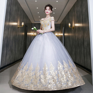 Women's Evening Gown Silver Gray Tulle Long Skirt Stage Performance Wear 3D Stereoscopic Patterns Polyester Fiber - Product Image 4