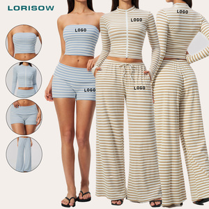 Vêtements de fitness rayés pour femmes LORISOW, veste à fermeture éclair sur le devant, haut <span class=keywords><strong>court</strong></span>, pantalon large pour les boutiques de mode en ligne - Product Image 1