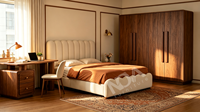 Offre Spéciale : Ensemble de Meubles de Chambre à Coucher – Lit Bulle en Velours Vert Olive / Lit Capitonnée Blanc Festonné, Armoire, Commode et Bureau de Rangement