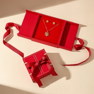 Boîte à bijoux rouge à double ouverture avec ruban décoratif, boîte à bijoux, coffret cadeau pour ensemble de bijoux - Product Image 3