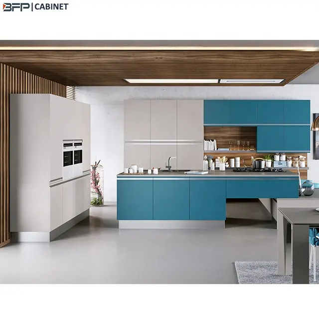 Licht Grijs & Blue Lak Hpl L Vorm Keuken Ontwerp Populaire Snoep Kleur Aanpassen Keukenkast Agenten