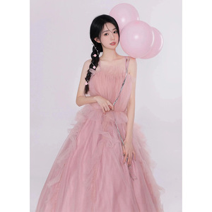 Strapless Pink Tulle Ball Gown Empire Waistline Wedding Dress For Photography Studios Outdoor Portrait Travel Light Gown - Product Image 4
