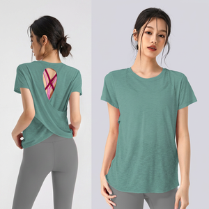เสื้อยืดโยคะผู้หญิงแบบขายส่ง ทรงไขว้หลังเว้าหลัง ผ้าบางเบา แขนสั้น แห้งเร็ว เหมาะสำหรับออกกำลังกาย พิลาทิส - Product Image 3