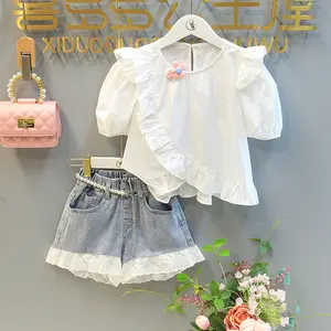 夏季儿童女婴飞袖上衣t恤牛仔补丁短裤学步儿童服装套装2pcs套装