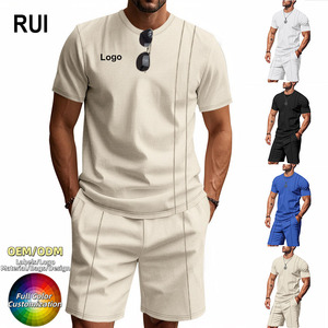 RUIQUWIN Summer Men's <b>Waffle</b> Knit 2 Piece Crew Neck T-<b>Shirt</b> Shorts Set Solid Color Casual Sports Quick Dry Tracksuit - Product Image 1