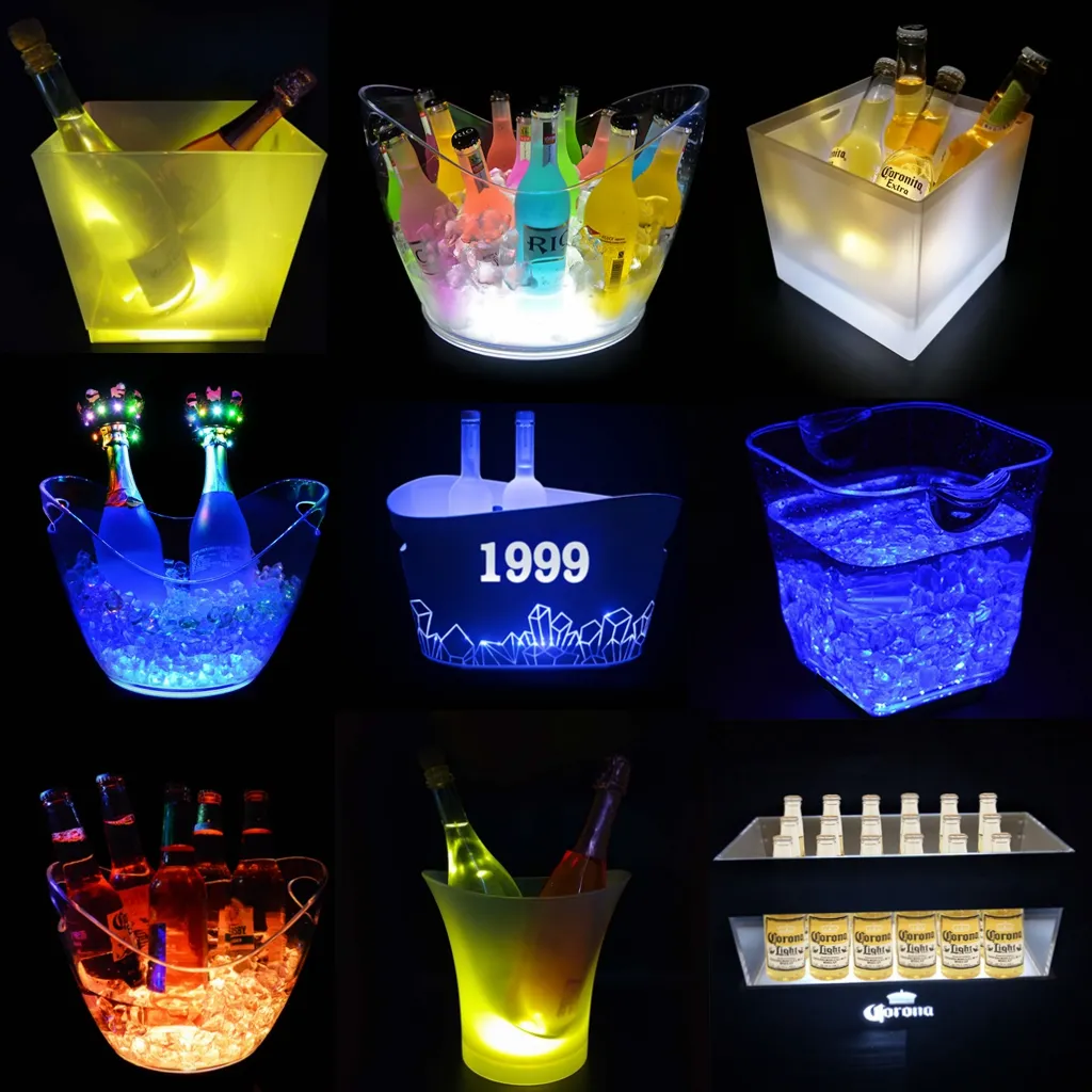 Balde de gelo iluminado para festas, 4L, 8L, 12L, para boate, bar, ao ar livre, luz LED, transparente e brilhante
