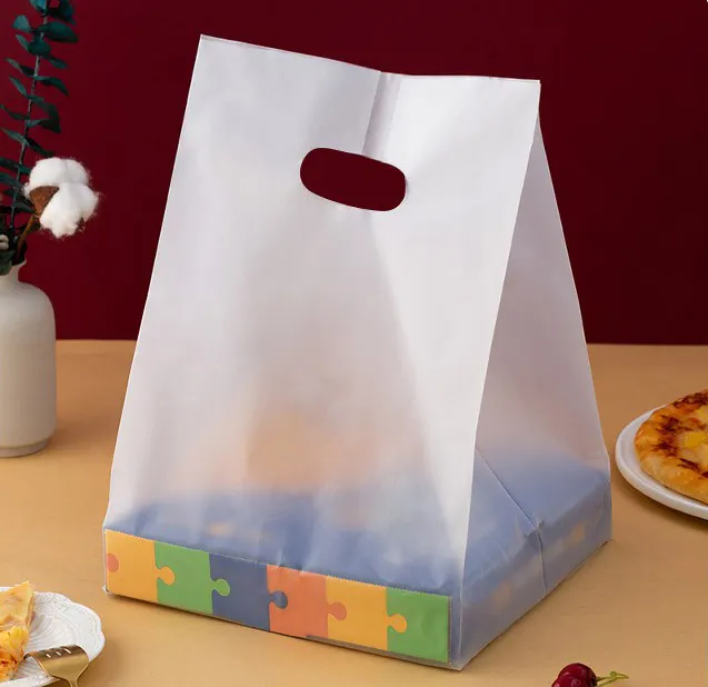 ถุงพลาสติกสำหรับช็อปปิ้งพร้อมหูหิ้วสำหรับร้านอาหารถุงใส่อาหารจานด่วนพิมพ์โลโก้แบบใส