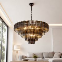 Lustre Cano Lighting en verre noir bronze, bandes de verre verticales denses en niveaux, lumière de plafond pour la maison à l'éclat chaleureux