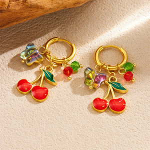 Fashionable Gold Plated Cherry Pendant Hoop Earrings With Iridescent Butterfly And Colorful Beads For Party Wear - Product Image 2