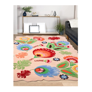 Tapis en laine à fleurs moderne fabriqué à la main Tapis multicolore vibrant Design d'art populaire traditionnel Laine naturelle douce Taille personnalisée - Product Image 2