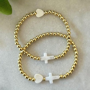 Everyday <b>Boho</b> Gold Beaded <b>Bracelet</b> White Shell Cross Handpiece Stainless Steel Heart-Shaped Folded Geometric Pattern Unisex - Product Image 1