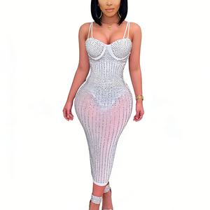 <span class=keywords><strong>Robe</strong></span> midi en maille ornée <span class=keywords><strong>de</strong></span> strass pour femme - <span class=keywords><strong>Robe</strong></span> <span class=keywords><strong>de</strong></span> soirée moulante à bretelles spaghetti Sehe Fashion - Product Image 4