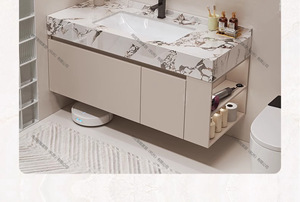 Modern smart beige bathroom vanity with marble sintered stone top and LED smart mirror cabinet - Product Image 5