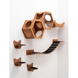 Wooden Wall Cat <b>Bed</b> Oval Natural Wood Color With Cushion For Cats Pet Furniture - Product Image 4
