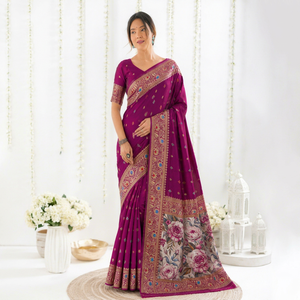 Sari de Seda con Estampado Digital Morado y Borde Floral para Mujer, Ropa de Boda Tradicional India, Protección Solar para Todas las Estaciones - Product Image 1