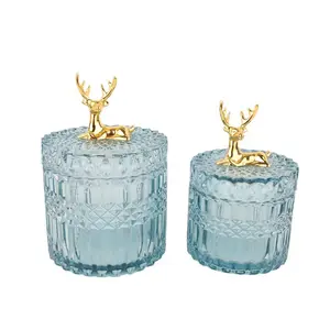 北欧创意豪华装饰麋鹿工艺品玻璃金属糖果罐，带黄铜盖