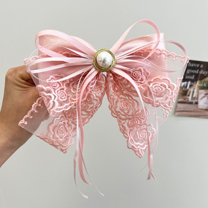스위트 스타일 공주 소녀 레이스 리본 헤어 클립 요정 머리 장식 리본/자수 롱 테일 리본 바레트 - Product Image 5