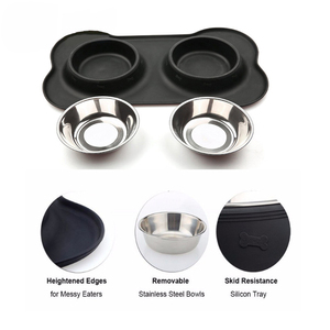 Baming toptan Pet köpek maması kaseleri 2 paslanmaz çelik köpek kase ile hiçbir dökülme kaymaz silikon Mat + Pet mama besleyici kase - Product Image 2