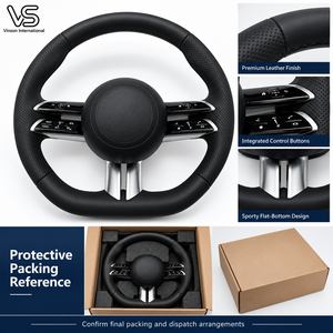 Volant en cuir noir à fond plat BZ13 pour Mercedes Benz Classe C W205, commandes à double couche, rayons fendus argentés - Product Image 3