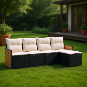 Set Divano da Giardino in Rattan Nero con Telaio in Legno di Teak, 4 Posti, Arredamento da Esterno Resistente alle Intemperie, Design Contemporaneo - Product Image 2