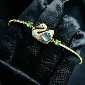 天然翡翠S925银镶嵌手链，带凸圆形时尚女性手饰