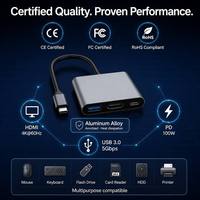Hub USB C a HDTV 3 en 1, 4K 60Hz, PD100W, Salida de 85W, USB3.0 5Gbps, Aluminio Compacto, Entretenimiento en Casa, TV para MacBook, Windows Phone