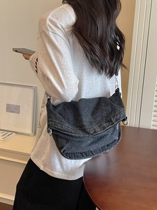 Shallow Indigo Vintage Ribbon Tote <b>Bag</b> for Female <b>College</b> Students-Retro Literary Style Crossbody ZIP Closure Portable Design - Product Image 2