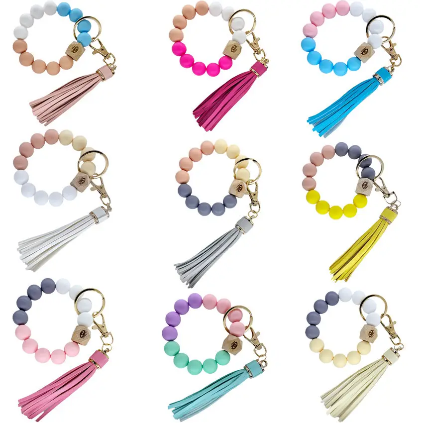 China Supplier Custom Wristlet Keychains Colorful Keyring Silicone Beaded Key Chain Mama Keychain