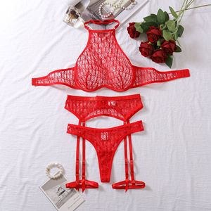 Conjunto de Lencería Erótica de Cuatro Piezas con Bordado en Forma de Corazón, Transparente y Ultrafino - Product Image 4