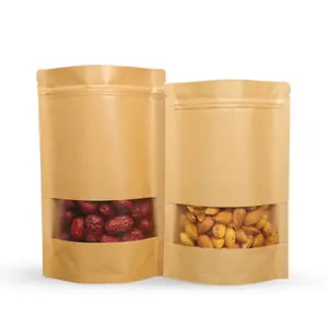Özel logo eko dostu biyobozunur fermuar pirinç gıda ambalaj çanta kahverengi kraft kağıt ayakta duran torba temizle pencere ile