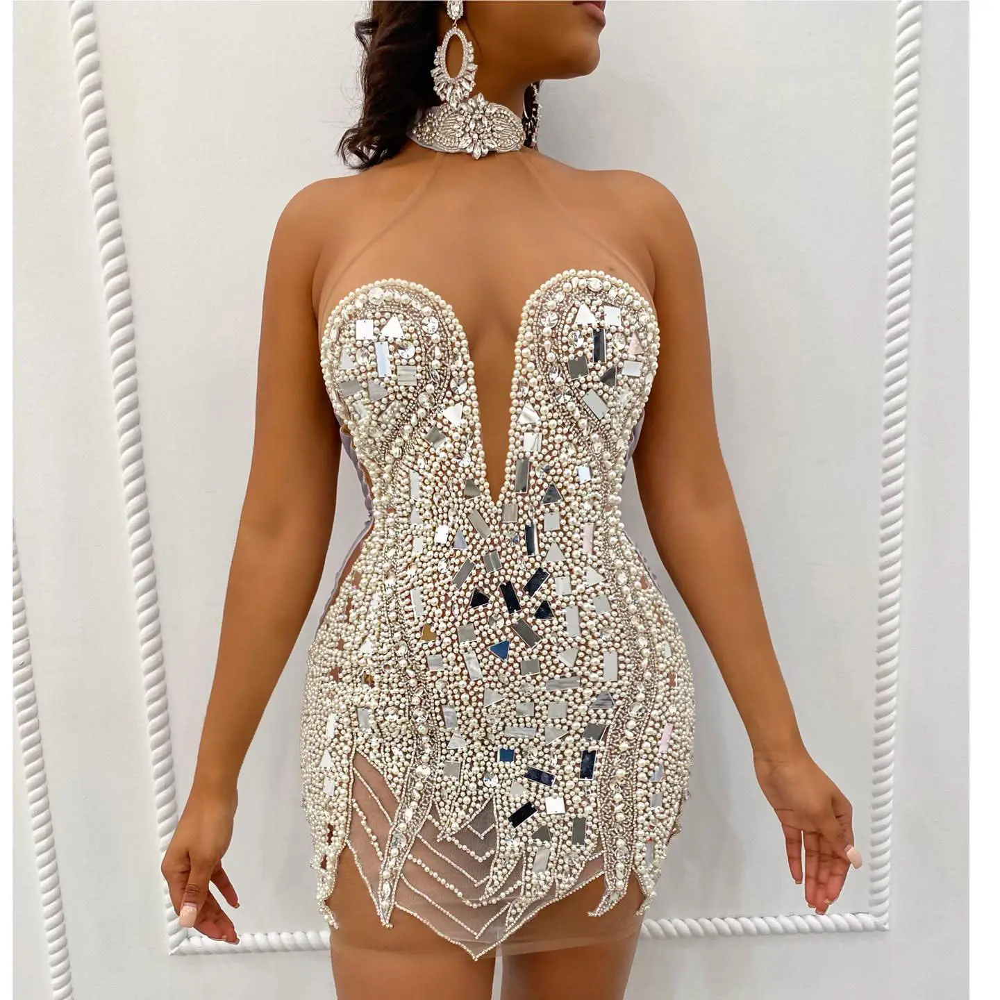 New Design Blingbling Diamond Celebrity Party Dresses Sparkling Beaded Sexy Halter Backless dress Mirror Fall Club Mini Dress
