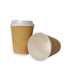 Biodegradable disposable packaging white hot beverage paper coffee cup with Kraft sleeve combo and black dome lid