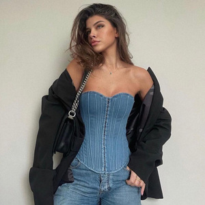 Veste en <span class=keywords><strong>jean</strong></span> moulante asymétrique sexy à fente sur la poitrine, style corset, pour l'été et la mode urbaine, direct usine - Product Image 1