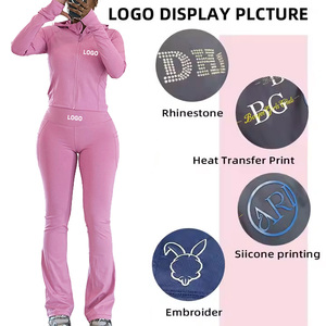 Damen Frühling Herbst Neuheiten Kapuzen jacke Lange Hose <span class=keywords><strong>2</strong></span>-teilige Workout Jogger Benutzer definiertes Logo Einfarbige Damen Trainings anzüge - Product Image 3