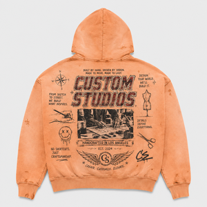 เสื้อฮู้ดดี้ผ้าฝ้าย 450GSM แบบสั่งทำพิเศษ ตกแต่งด้วยคริสตัล ล้างสีซีดสไตล์วินเทจ ทรงบ็อกซี่ ผ้าเฟรนช์เทอร์รี่ สีส้ม แบบสวมหัว สำหรับผู้ชาย ผลิตตามแบบ OEM - Product Image 2