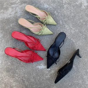 Stylish Pointy <b>Bow</b> Mules Women's Half Covered Low Heel <b>Shoes</b> Ladies Suede Kitten Heels Half-Drag Party Fashion Sexy Sandals - Product Image 1