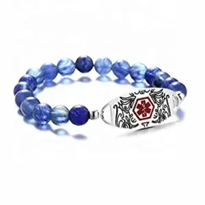 Edelstahl personal isierte kunden spezifische Schmuck Medical Alert Id Gravur Naturstein elastische Perlen Bar Armband