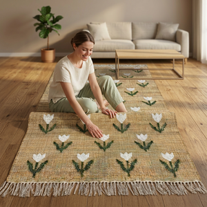 Alfombra de Yute Floral con Flecos Naturales, Tapete Decorativo para Sala de Estar y Dormitorio - Product Image 1