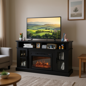 Soporte de TV moderno con control remoto y gabinetes laterales para televisor de 65 pulgadas, color negro - Product Image 2