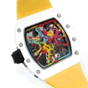 Montre de luxe à tourbillon squelette en forme de baril, couleur arc-en-ciel, boîtier blanc, bracelet en fluororubber jaune, montre-bracelet tendance, meilleure vente - Product Image 5