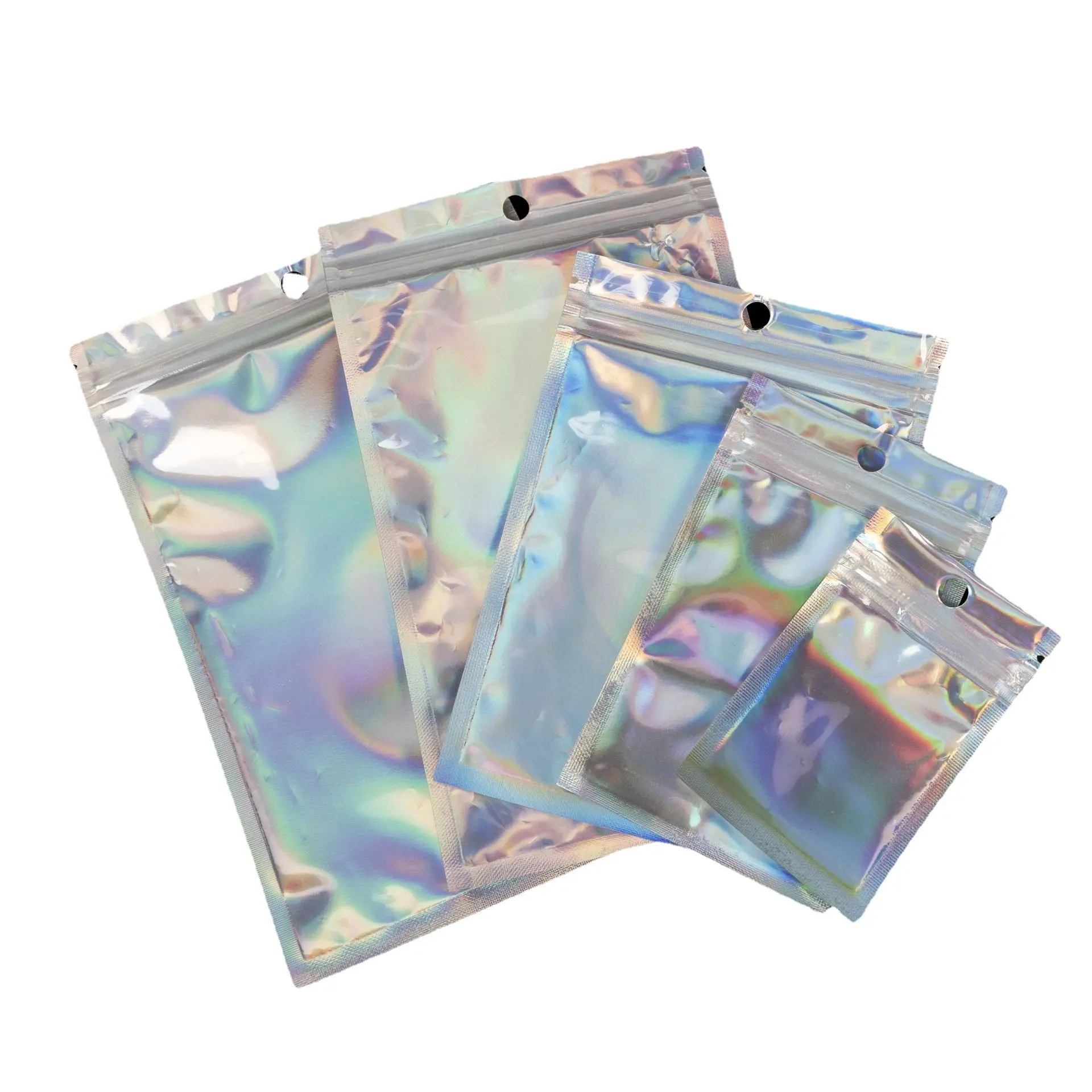 Papel de aluminio ECO holográfico, transparente, resellable, pequeño almacenamiento, sellado térmico, transparente, mylar, plata, láser, embalaje, bolsas con cierre de cremallera