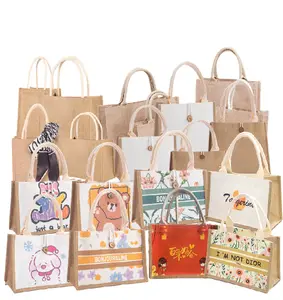 2023 Fashion Branded Style Large Capacity ECO Recycled Full Printing Linen Jute Tote Bags With Pockets For Women