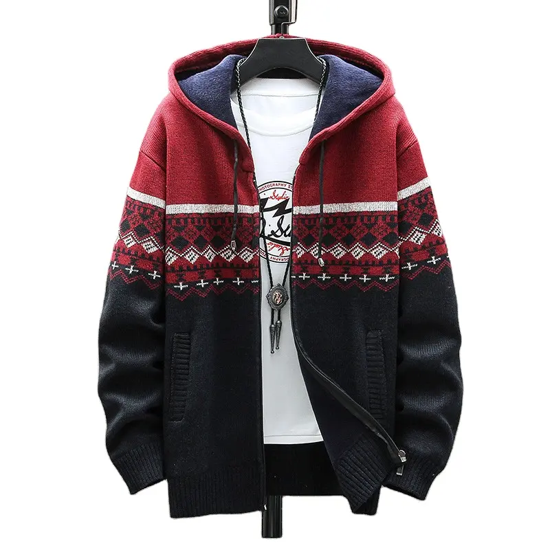 Men casual jacket hooded cardigan sweater knitted thickened fleece men sweater