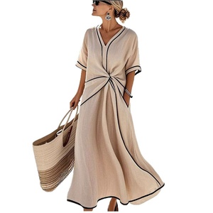 <span class=keywords><strong>Abito</strong></span> lungo <span class=keywords><strong>beige</strong></span> effetto <span class=keywords><strong>lino</strong></span> con scollo a V da donna, con nodo frontale e bordo a contrasto, a mezza manica, vestibilità ampia, casual, per vacanze al mare e resort - Product Image 5