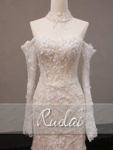 Vestidos de novia de sirena con escote corazón, mangas desmontables, <span class=keywords><strong>encaje</strong></span> con cuentas de lujo vintage, Ruolai QW02317-WM - Product Image 2