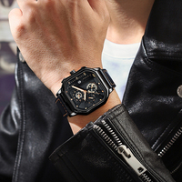 Jam Tangan Pria Kuarsa Casing Aloi Persegi 42Mm Tali Kulit Tahan Air 30M Bercahaya Desain Sederhana Gaya Sporty
