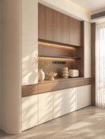 Buffet moderne en crème avec design incurvé, meuble de salle à manger sur toute la longueur de la pièce avec étagères de présentation