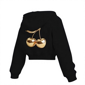 Women's Hooded Front Crop <b>Top</b> Hoodies Black Color <b>Cherry</b> Print Eco-Friendly Fleece Winter Style Short Solid Color Knitted Autumn - Product Image 2