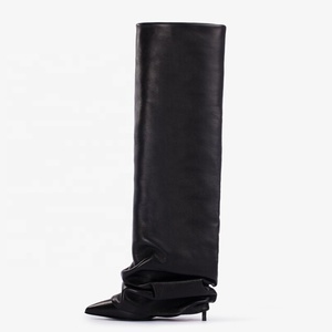 Pleated Upper Thin High Heel Pointed Toe Overlay <b>Shoes</b> Dress Stiletto Pants Boots Women's Folded Over Knee High Booties - Product Image 2