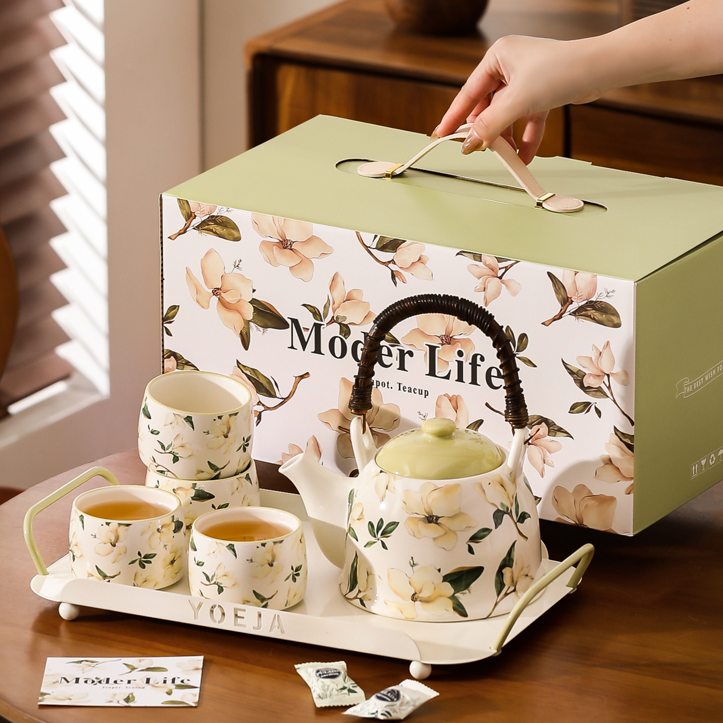 Green--one teapot with 4 cups and tray